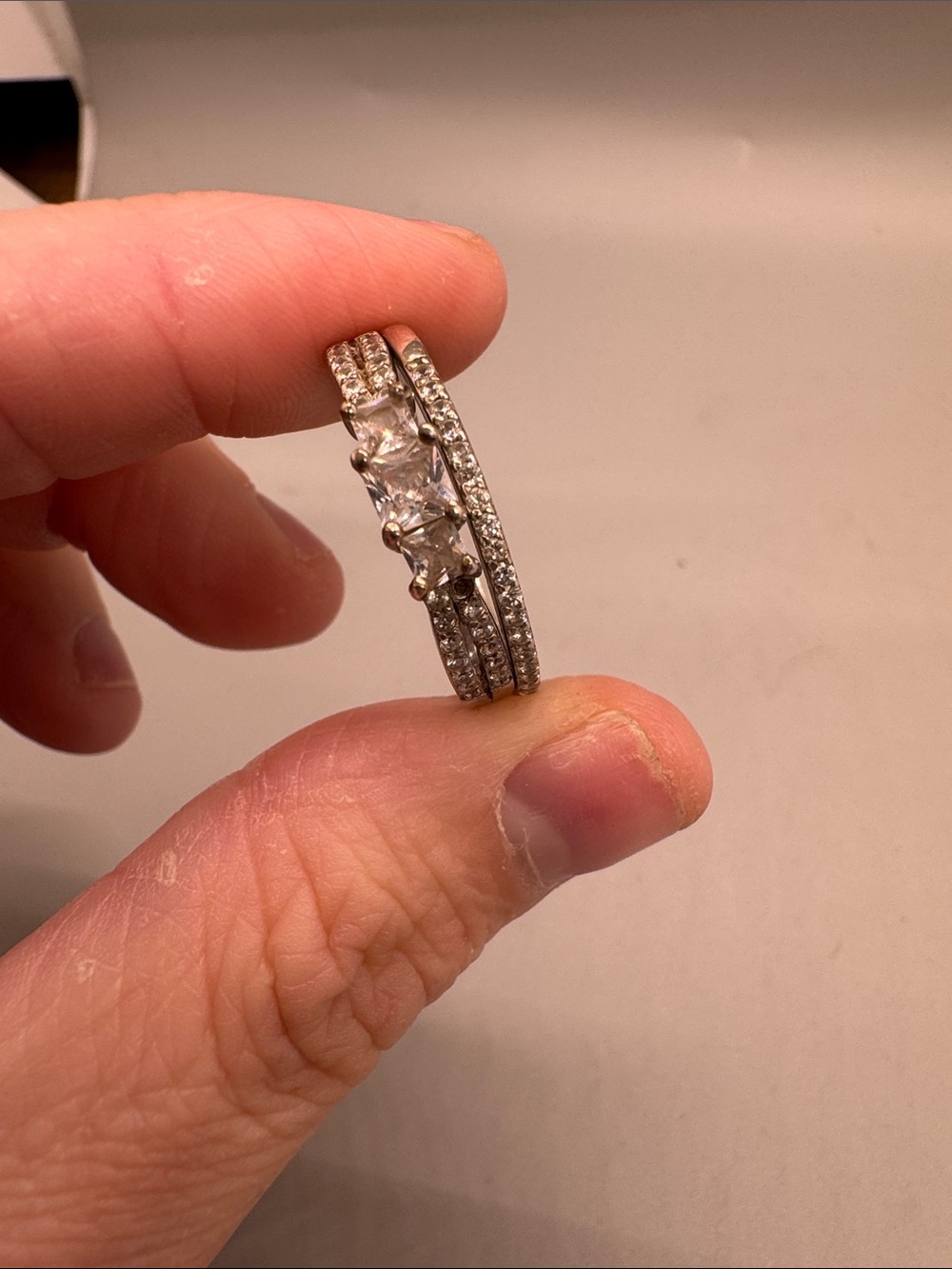 Three-Stone Cubic Zirconia Bridal Ring Set in Silver-Tone